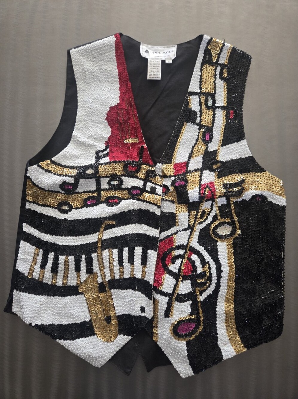 Vintage Ana Mori Sequin Beaded Music Jazz Piano Vest Black Size Small